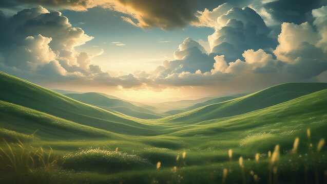 Golden hour light illuminates rolling green hills under dramatic clouds