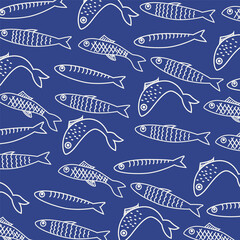 Seamless pattern with hand drawn sardine. Mediterranean vintage background. Nautical food print. Marine coastal wallpaper for wrapping paper, fabric and decor.