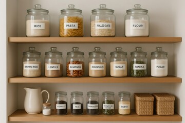 Various food staples are neatly organized in labeled glass jars on wooden shelves, creating a minimalist and organized pantry