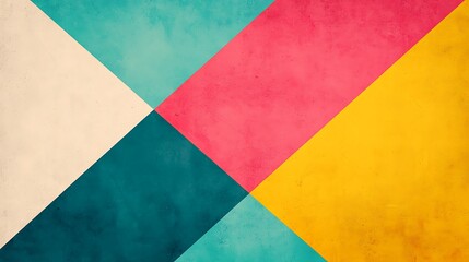 A vibrant geometric abstract art piece featuring bold triangles in teal, pink, mustard yellow, dark blue, and beige with a textured, slightly worn surface.