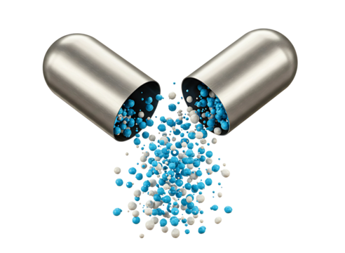 Open medicine capsule with blue and white pellets pouring out isolated on transparent background