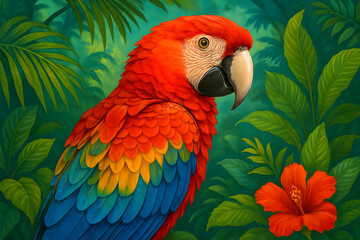 Obraz premium Scarlet Macaw Perched in Lush Tropical Jungle for Vibrant Exotic Wildlife and Nature Photography