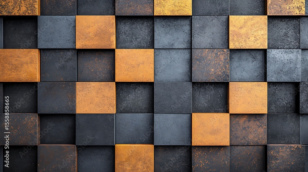 Poster a textured checkerboard pattern of alternating black and rusty orange metal squares with a worn, ind