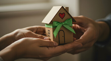 Hands giving a small cardboard house gift