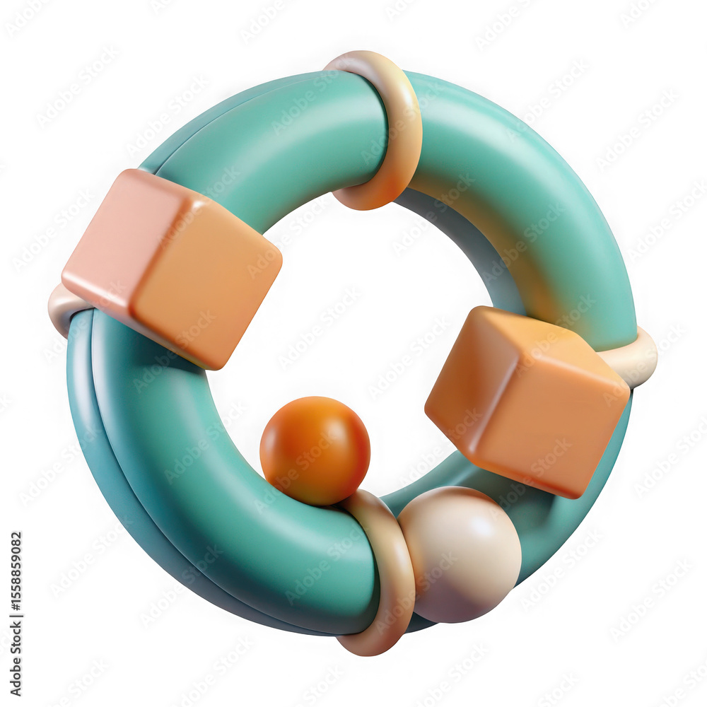 Poster abstract 3d render of a teal ring with orange cubes and spheres isolated on transparent background