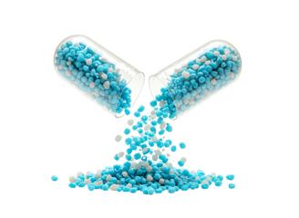 Open medicine capsule with blue and white pellets pouring out isolated on transparent background