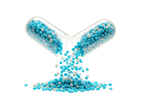 Open medicine capsule with blue and white pellets pouring out isolated on transparent background