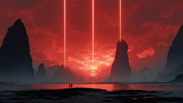 A dramatic landscape scene with silhouetted figures, towering cliffs, and vibrant red light beams descending into a sea beneath a fiery sky