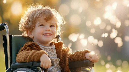 Joyful child in wheelchair enjoying a bright, sunny day outdoors with a cheerful smile - Powered by Adobe