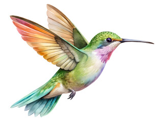 Obraz premium Vibrant Rainbow Hummingbird in Flight Watercolor Painting on Transparent Background, Watercolor Clipart Illustration With Isolated Background..