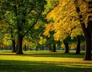 Fototapeta premium Mixed green and yellow trees in a park with gentle light and shadows.