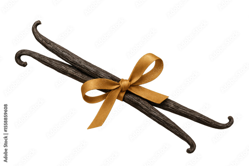 Poster vanilla pods tied with a gold ribbon are lying on a transparent background, creating a sophisticated