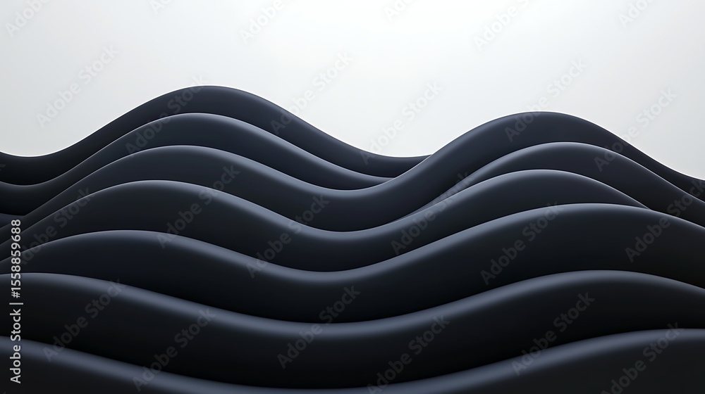 Poster abstract black and white image featuring smooth, curved waves resembling undulating lines against a 