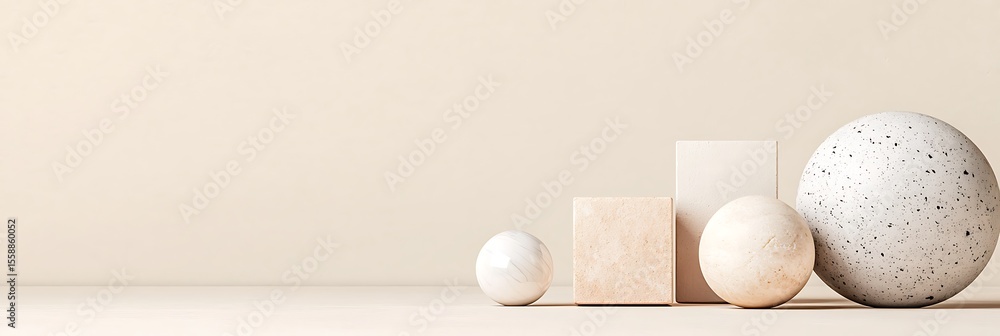 Poster minimalist composition of four geometric shapes in neutral tones against a beige background, creatin