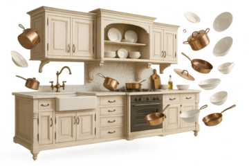 Classic kitchen with flying pots and dishes, isolated on transparent background.