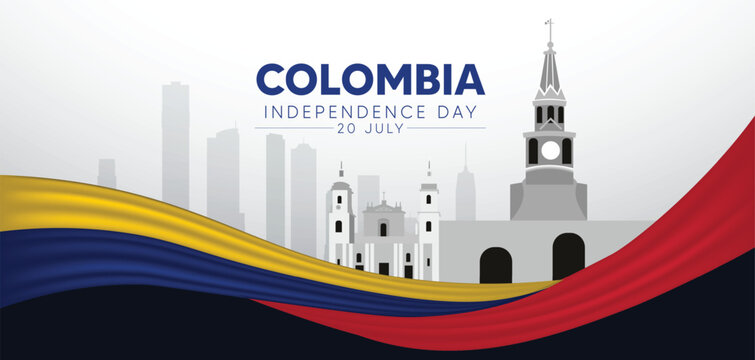 Colombia independence day cityscape with flag vector poster