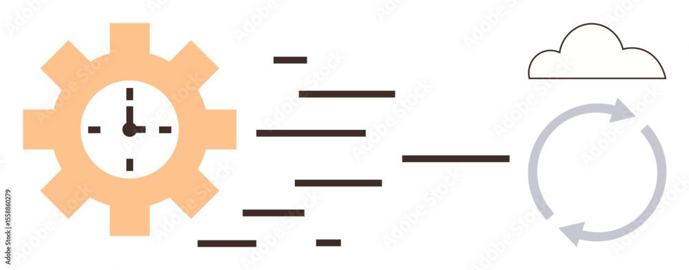 Aufkleber gear with clock, dynamic lines, cloud, circular arrows representing time efficiency, process optimiz
