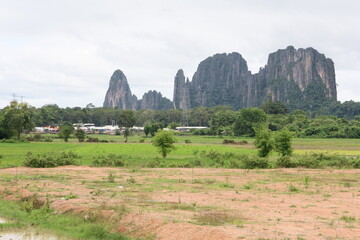 Mountains and rice field in Meuang Feuang District, Vientiane Province, Laos