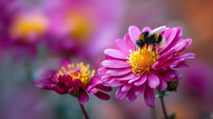 Obraz premium Bumblebee landing on a vibrant pink chrysanthemum blossom in a garden setting