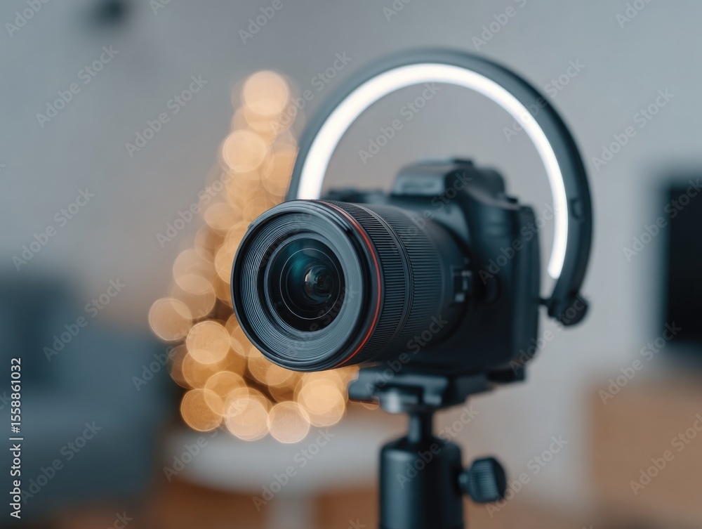 Poster camera positioned on tripod with soft ring light illuminating le
