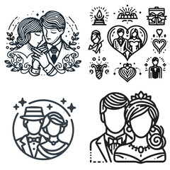 Wedding relationship couple illustrations in hand-drawn line art style  