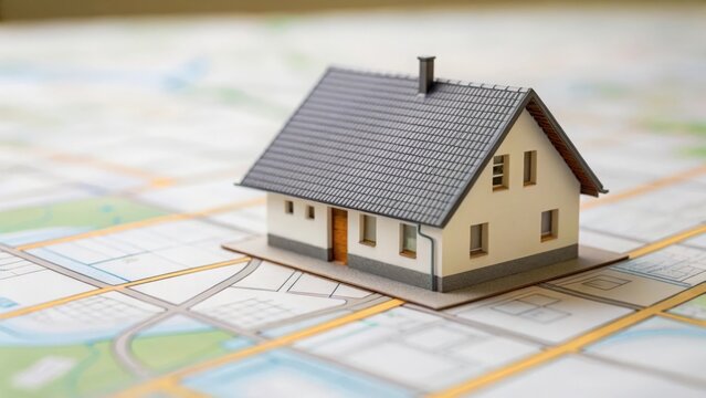 Close-up of residential model on cadastral map illustrating construction permits and land use planning
