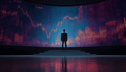 A solitary figure stands on a stage facing a large, curved screen displaying dynamic financial data and graphs.