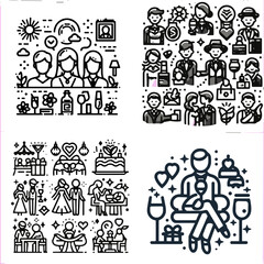 Fototapeta premium Line art illustrations of people celebrating various occasions and events 