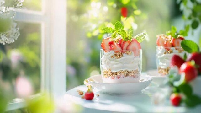 Sunny breakfast table with fresh strawberry parfait and mint in morning light