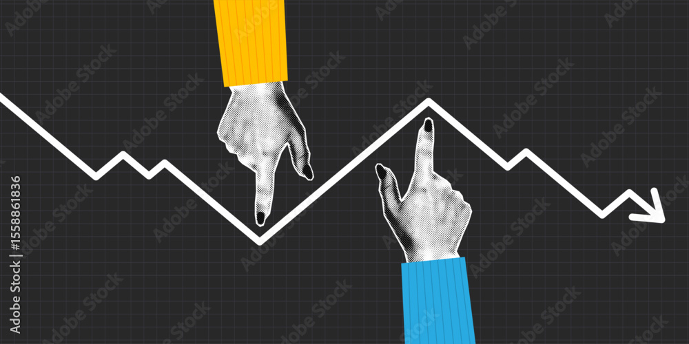 Poster collage with halftone two hands and arrow graph which growth and going down at direction of hands. с