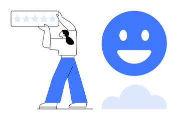 Woman raising a rating bar with five stars, next to large smiling blue face and cloud icon. Ideal for customer feedback, rating systems, reviews, user experience, satisfaction, positivity, simple