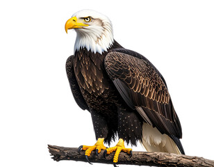Fototapeta premium Bald Eagle Perched with Intense Gaze and Wind-Blown Feathers, isolated on transparent background PNG