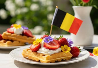 Belgian waffle with whipped cream and fresh strawberry, decorated with edible flowers, with Belgium flag on bright garden background for banner with copy space. Belgium's National Day.	
