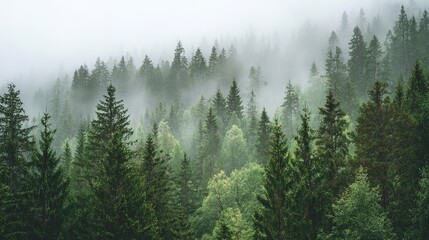 Foggy forest landscape with green trees on white background, representing nature, ecology, and environmental protection in vintage-style photo.