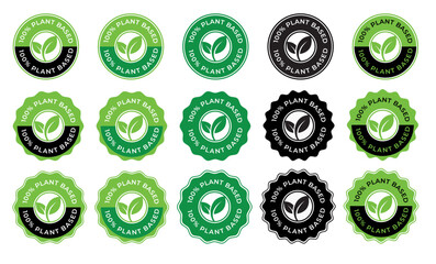 100 Percent Plant-Based vector badge logo – Green Circular Badge with Leaf Icon for Vegan or Organic Products, Vegan Product Stamp