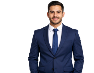 Confident young entrepreneur, handsome man in a navy blue suit and tie, transparent background.