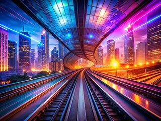 Fototapeta premium A futuristic city scene at night, with a train speeding through a neonlit tunnel under skyscrapers