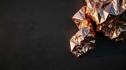 Crumpled metallic copper foil on dark background with elegant lighting and space for text