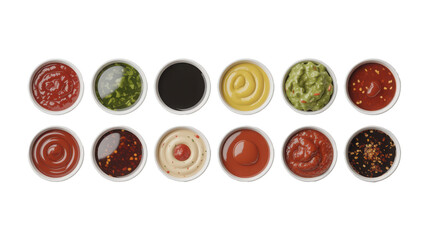 Twelve Gourmet Dipping Sauces in White Bowls:  Overhead Studio Shot, Vibrant Colors, Appetizing Food Photography. Isolated Transparent Background