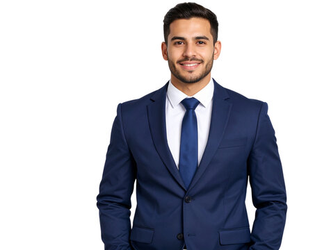 Confident young entrepreneur, handsome man in a navy blue suit and tie, transparent background.