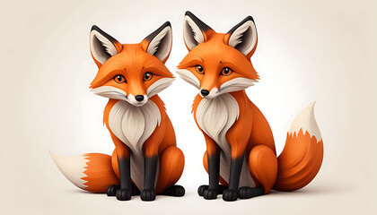 Obraz premium Two fox characters sitting side by side with orange fur and white chests in a simple background