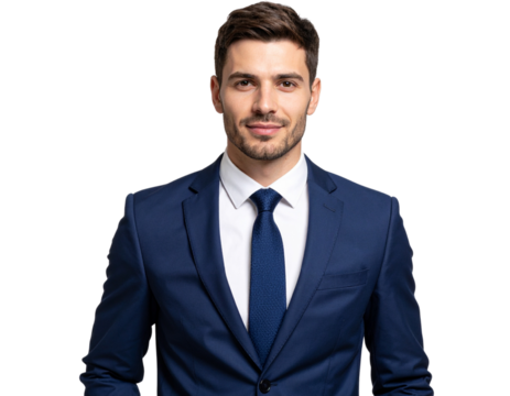Confident young entrepreneur, handsome man in a navy blue suit and tie, transparent background.