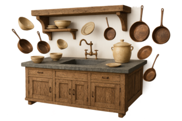 Rustic kitchen interior elements displayed on transparent background.