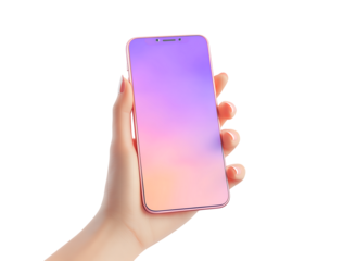 mockup of an Phone in the user's hands, with a purple and pink gradient screen isolated on a transparent background