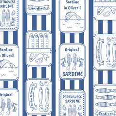 Seamless pattern with hand drawn sardine. Mediterranean vintage background. Nautical food print. Marine coastal wallpaper for wrapping paper, fabric and decor.
