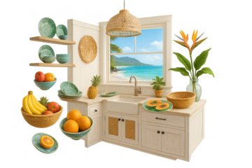 Tropical kitchen, fruits, beach view, isolated on transparent background.
