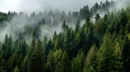 Foggy forest landscape with green trees on white background, representing nature, ecology, and environmental protection in vintage-style photo.