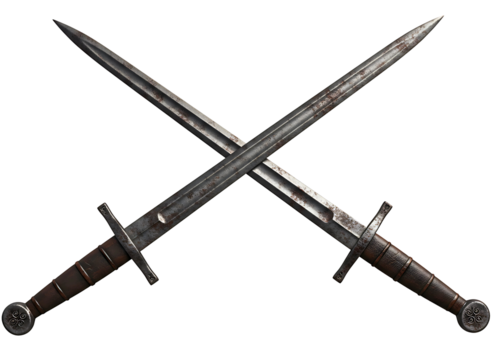 Two medieval knight swords crossed in an x shape isolated on transparent background - Powered by Adobe