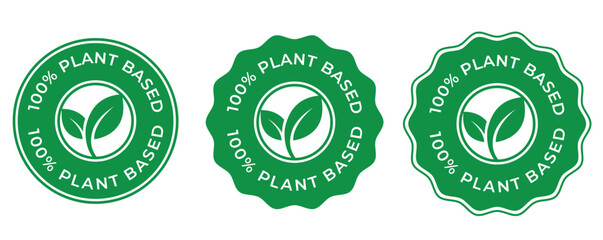 100 Percent Plant-Based vector badge logo – Green Circular Badge with Leaf Icon for Vegan or Organic Products, Vegan Product Stamp