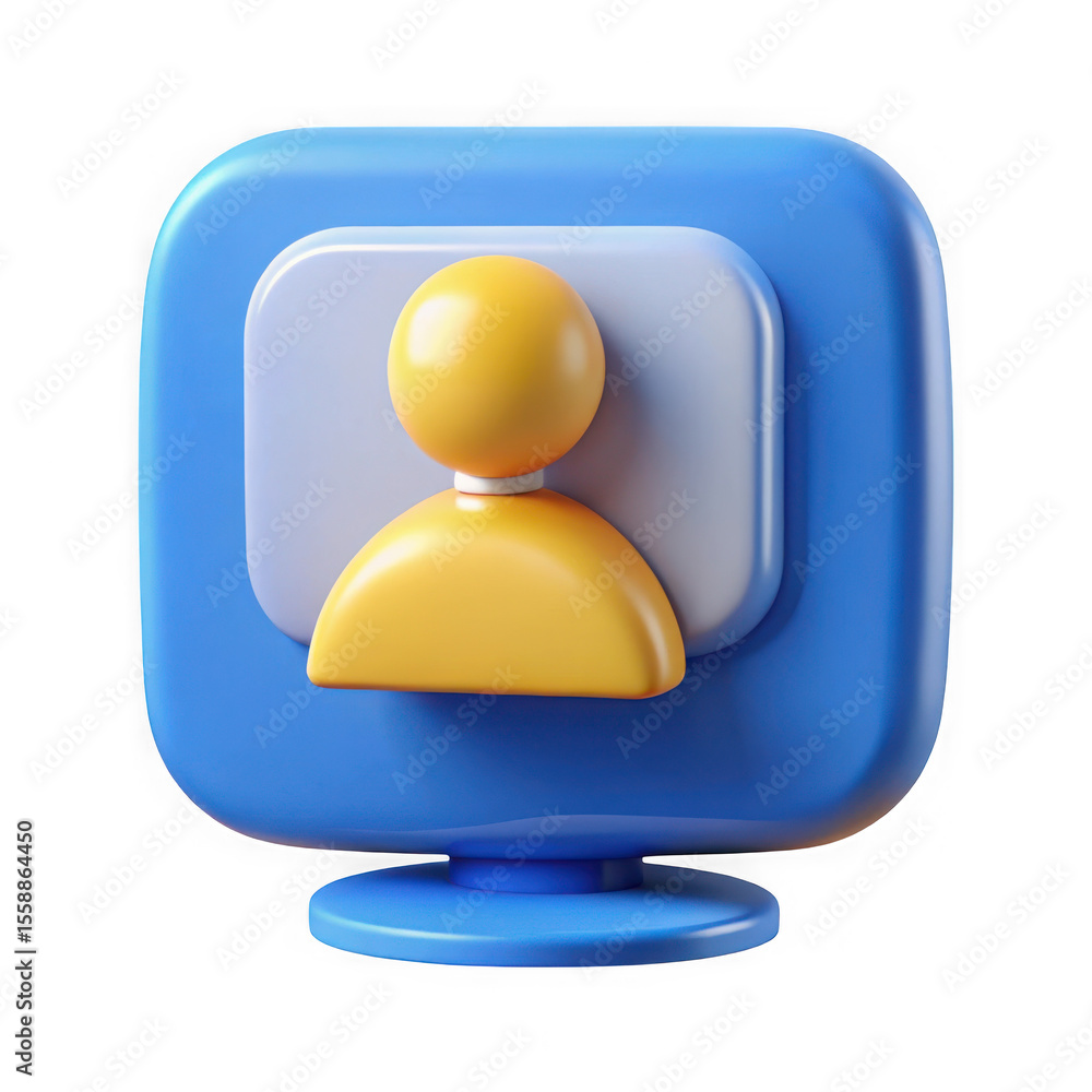 Poster stylized 3d user profile icon with a yellow head and shoulders on a blue monitor screen isolated on 